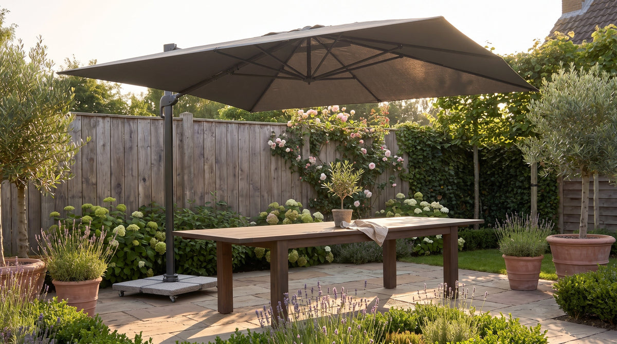 Grote zweefparasol geeft schaduw boven een gedekte tuintafel voor zes personen