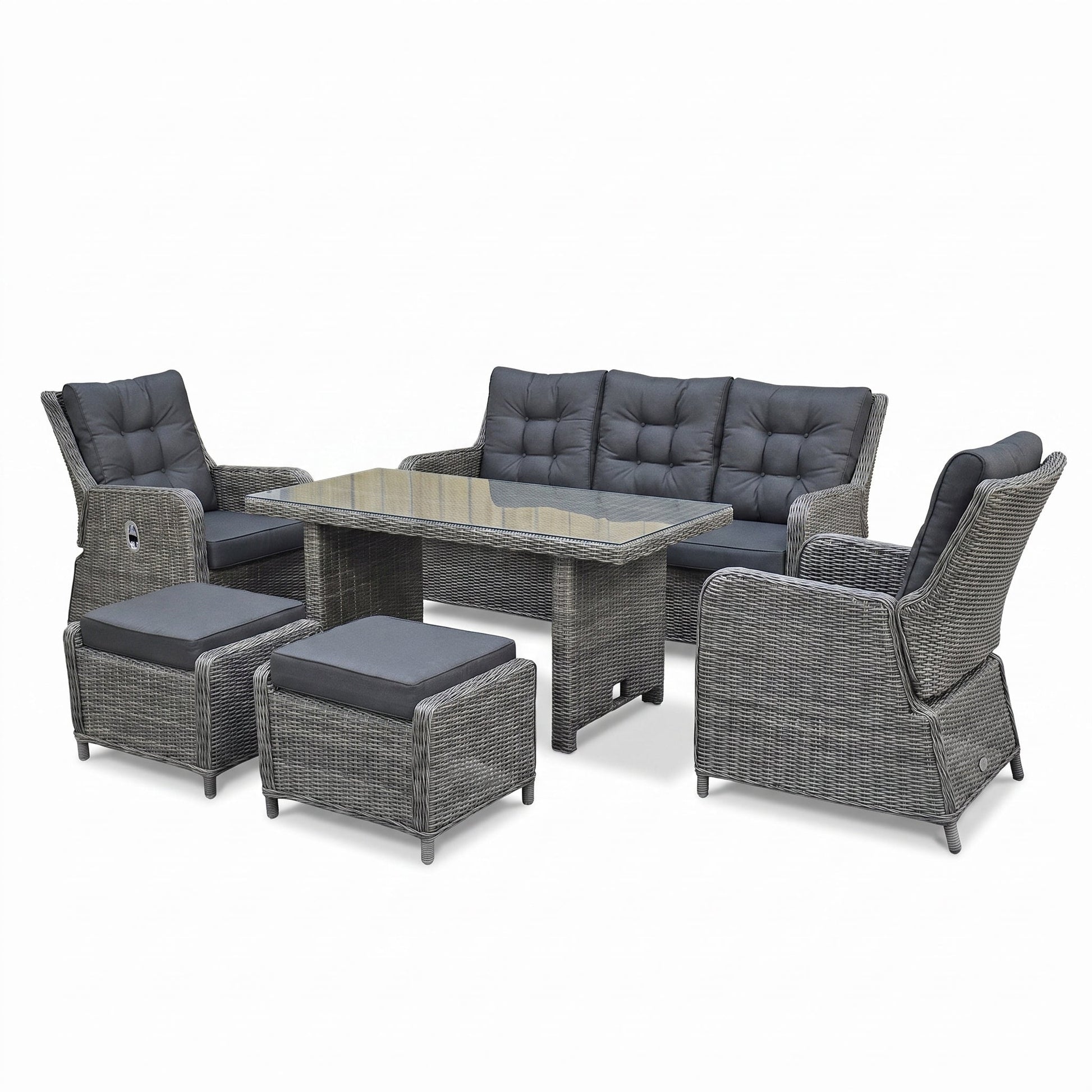 Madrid Verstelbare Dining Loungeset 3-zits + 2 stoelen - Glas / Kobo Grey / Hoog in een sfeervolle tuin - Outnest