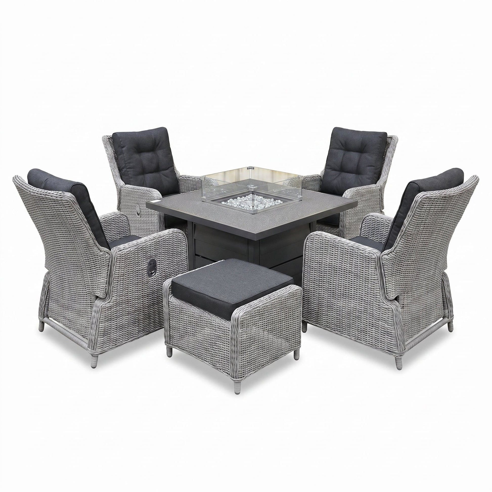 Madrid Verstelbare Loungeset - Spraystone / Light Kobo Grey / Vuurtafel 150 cm in een sfeervolle tuin - Outnest tuinmeubelen