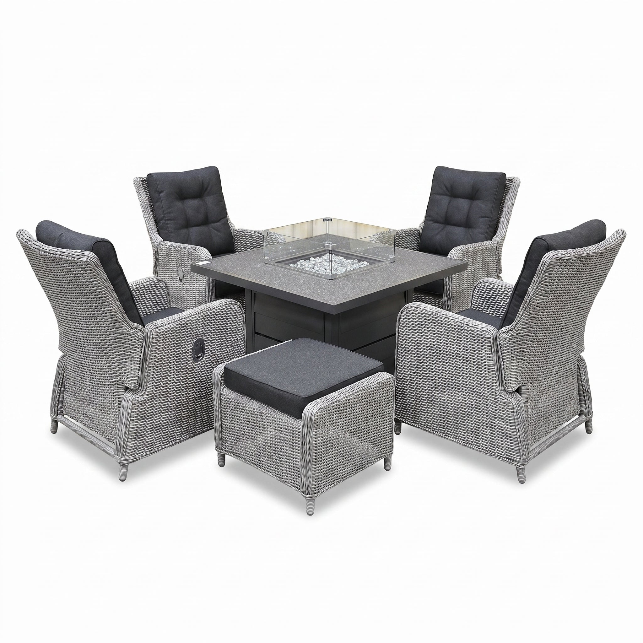 Madrid Verstelbare Loungeset - Spraystone / Light Kobo Grey / Vuurtafel 150 cm in een sfeervolle tuin - Outnest tuinmeubelen