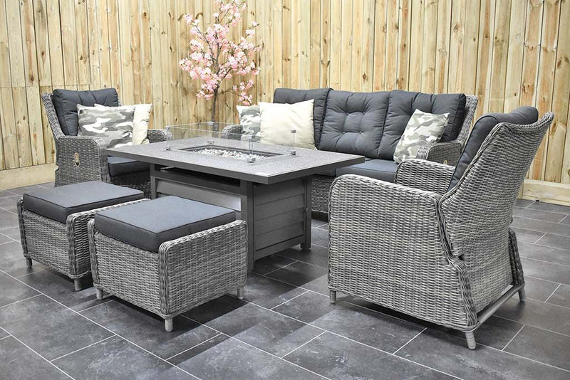 Madrid Verstelbare Dining Loungeset 3-zits + 2 stoelen - Spraystone / Kobo Grey / Vuurtafel 150 cm
