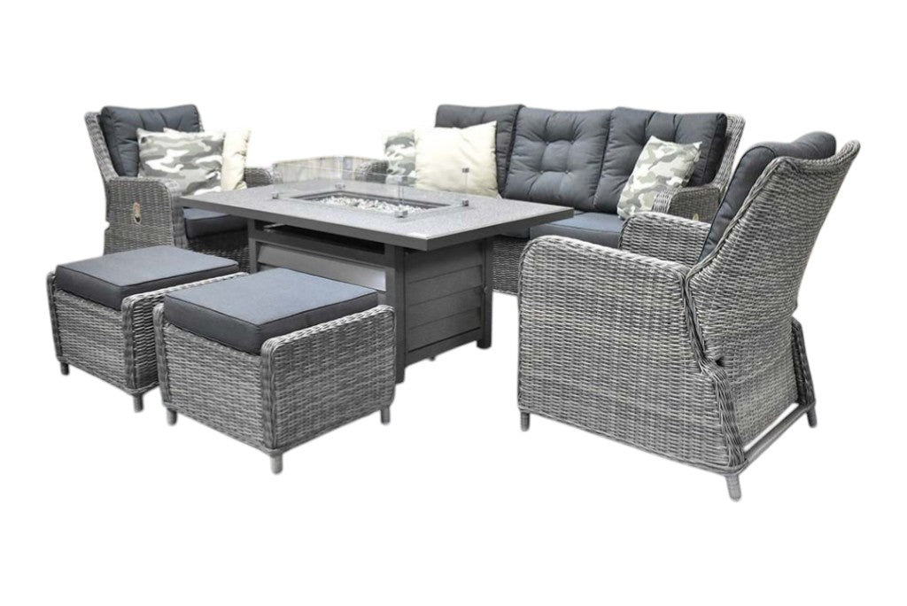 Madrid Verstelbare Dining Loungeset 3-zits + 2 stoelen - Spraystone / Kobo Grey / Vuurtafel 150 cm