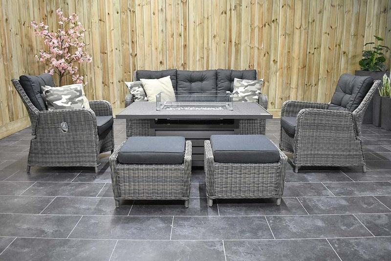 Madrid Verstelbare Dining Loungeset 3-zits + 2 stoelen - Spraystone / Kobo Grey / Vuurtafel 150 cm