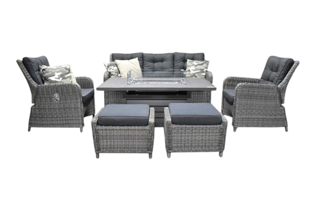 Madrid Verstelbare Dining Loungeset 3-zits + 2 stoelen - Spraystone / Kobo Grey / Vuurtafel 150 cm