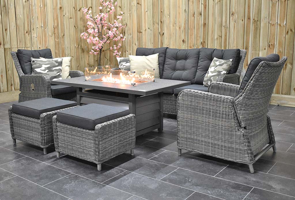 Madrid Verstelbare Dining Loungeset 3-zits + 2 stoelen - Spraystone / Kobo Grey / Vuurtafel 150 cm