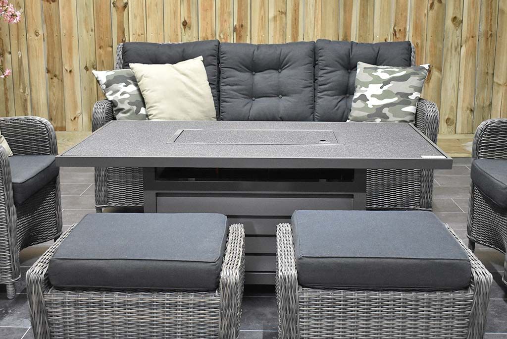 Madrid Verstelbare Dining Loungeset 3-zits + 2 stoelen - Spraystone / Kobo Grey / Vuurtafel 150 cm