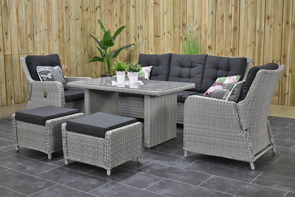 Madrid verstelbare dining loungeset 3-zits Light Kobo Grey met hockers - vooraanzicht - Outnest Prestige