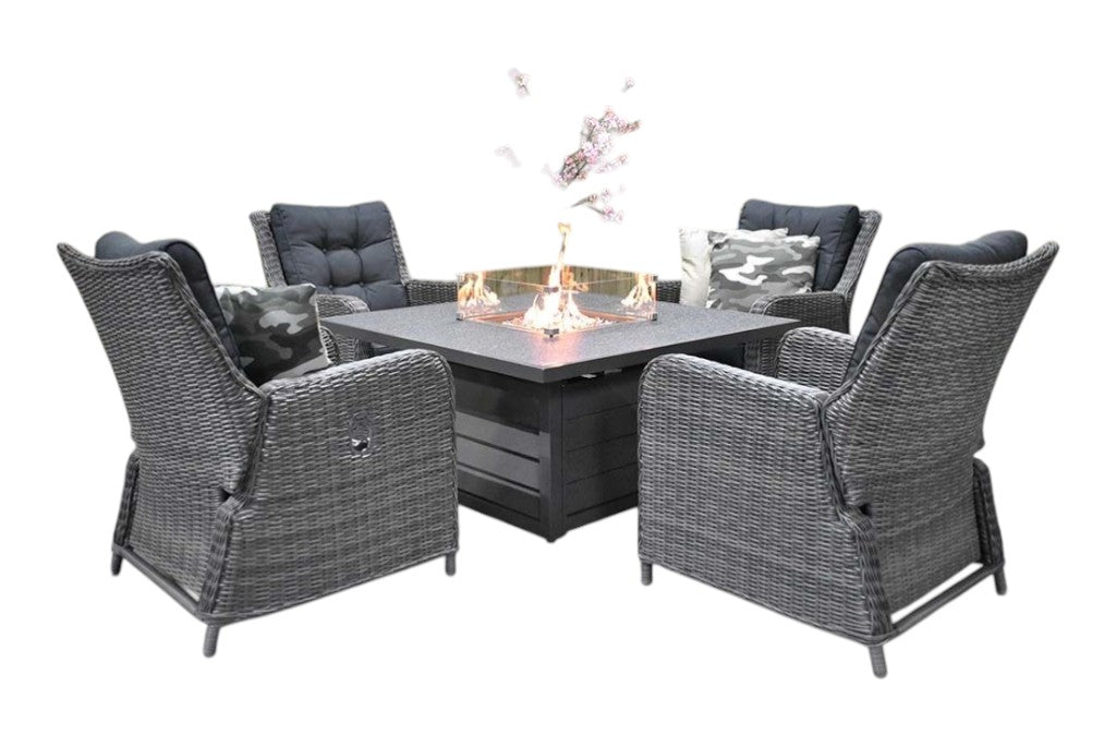 Madrid Verstelbare Dining Loungeset 4 Personen - Spraystone / Kobo Grey / Vuurtafel 120 cm