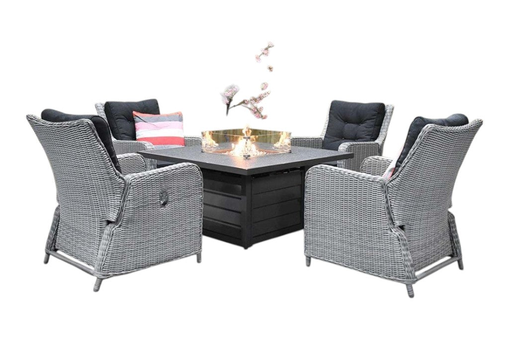 Madrid Verstelbare Dining Loungeset 4 Personen - Spraystone / Light Kobo Grey / Vuurtafel 120 cm