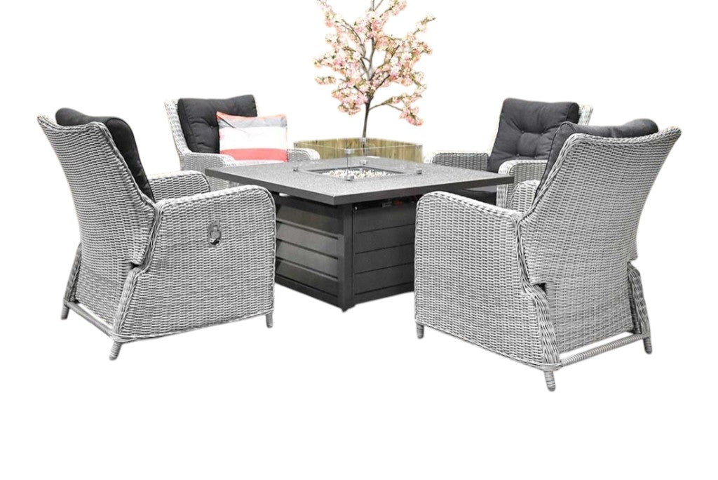 Madrid Verstelbare Dining Loungeset 4 Personen - Spraystone / Light Kobo Grey / Vuurtafel 120 cm