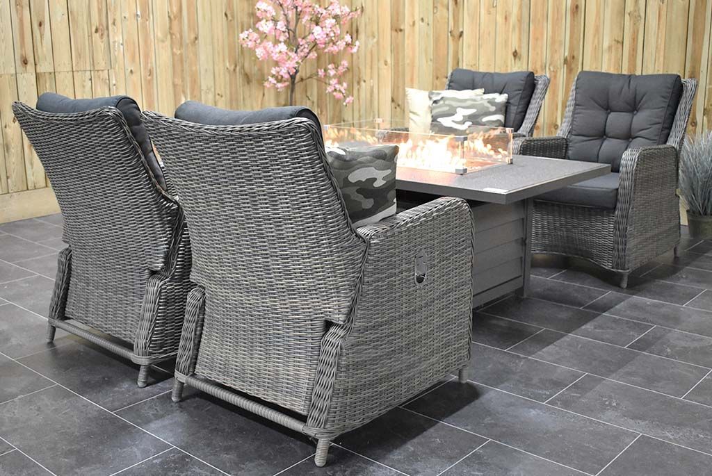Madrid Verstelbare Dining Loungeset 4 Personen - Spraystone / Kobo Grey / Vuurtafel 150 cm