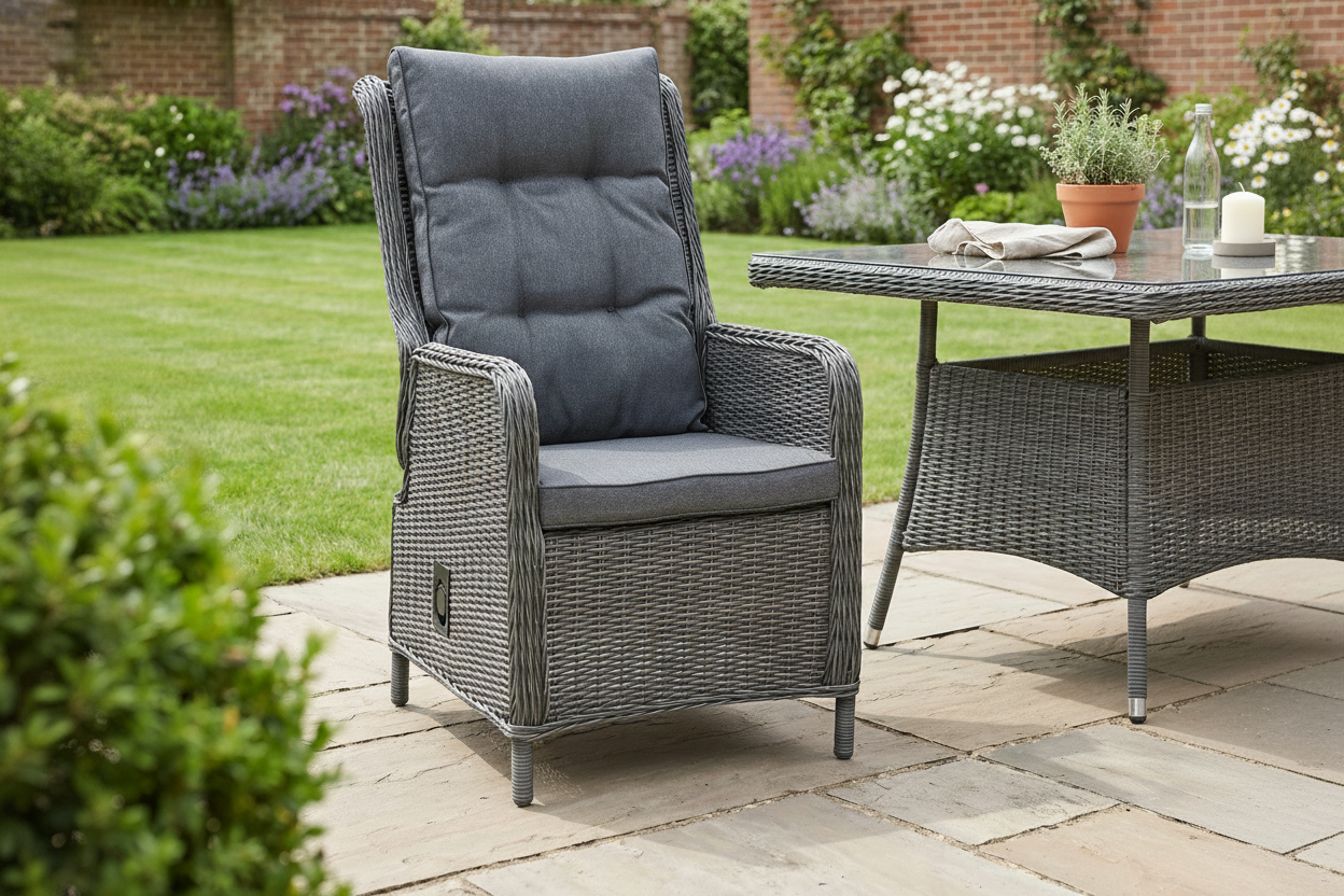 Marling Verstelbare Tuinstoel | Dining - Rock Grey in een sfeervolle tuin - Outnest tuinmeubelen