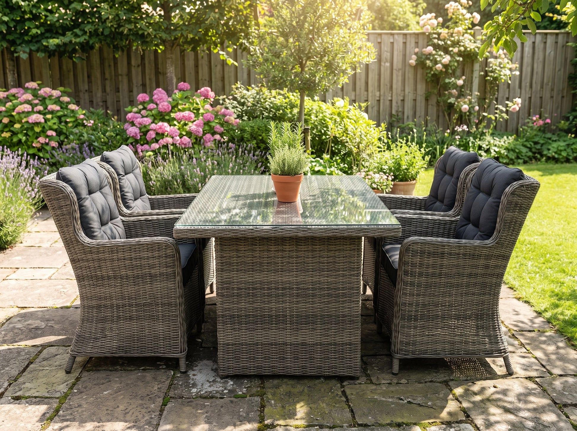 Menorca-Delano Tuinset 4 Personen - Glas / Kobo Grey in een sfeervolle tuin - Outnest tuinmeubelen