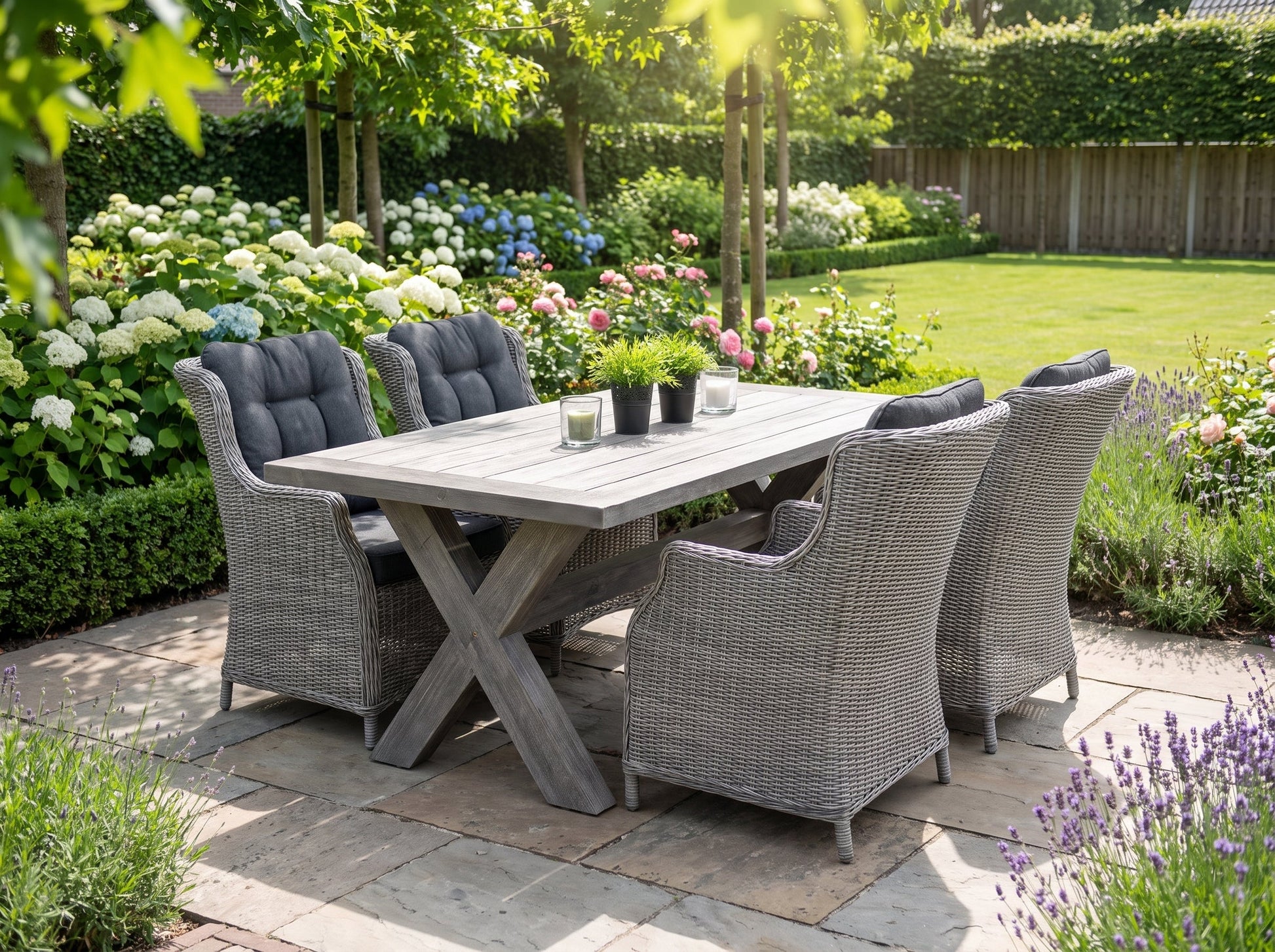 Norwich-Darwin Tuinset 4 Personen - Acacia / Light Kobo Grey in een sfeervolle tuin - Outnest tuinmeubelen