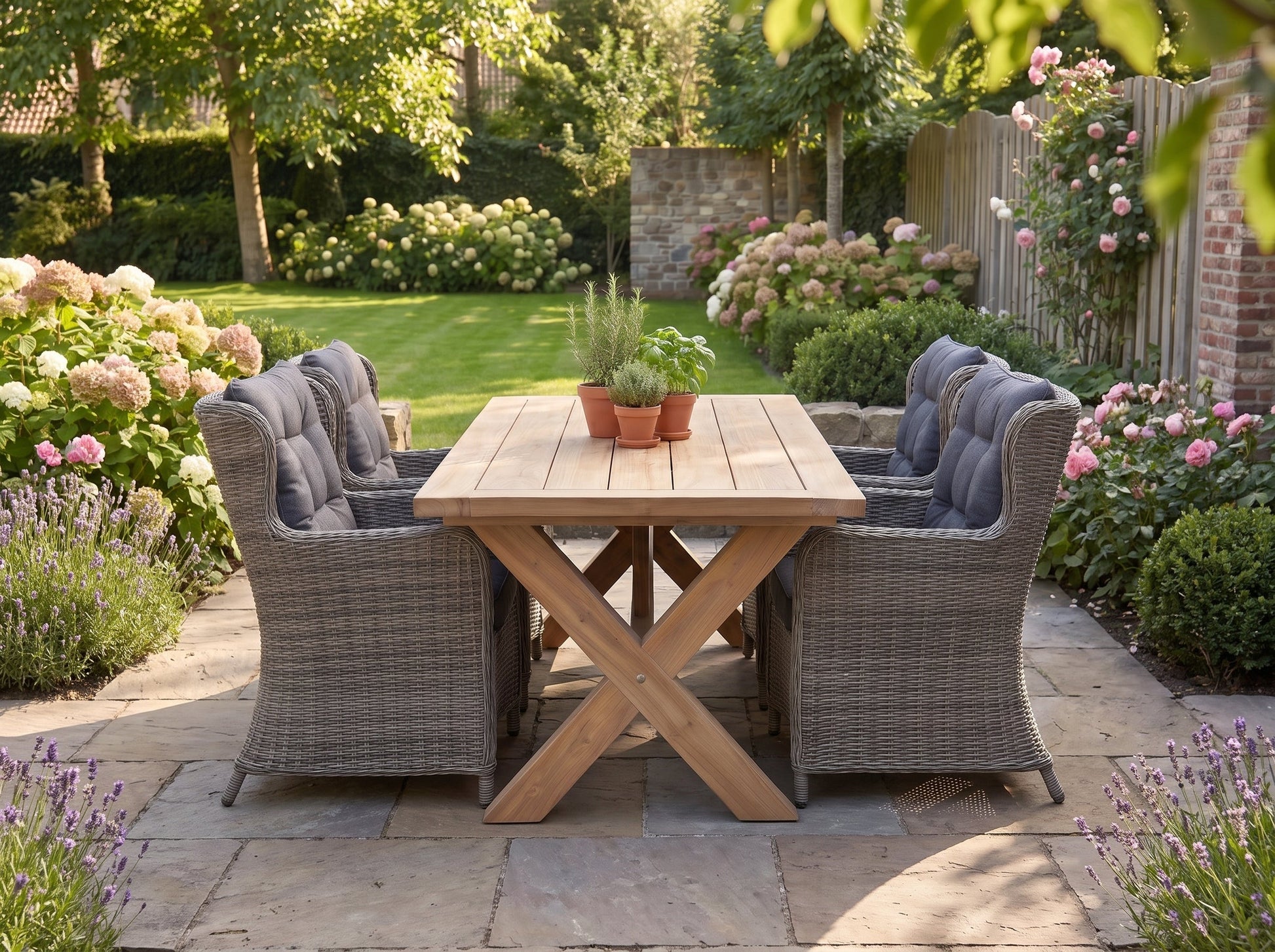 Norwich-Delano Tuinset 6 Personen - Teak / Natural Grey in een sfeervolle tuin - Outnest tuinmeubelen