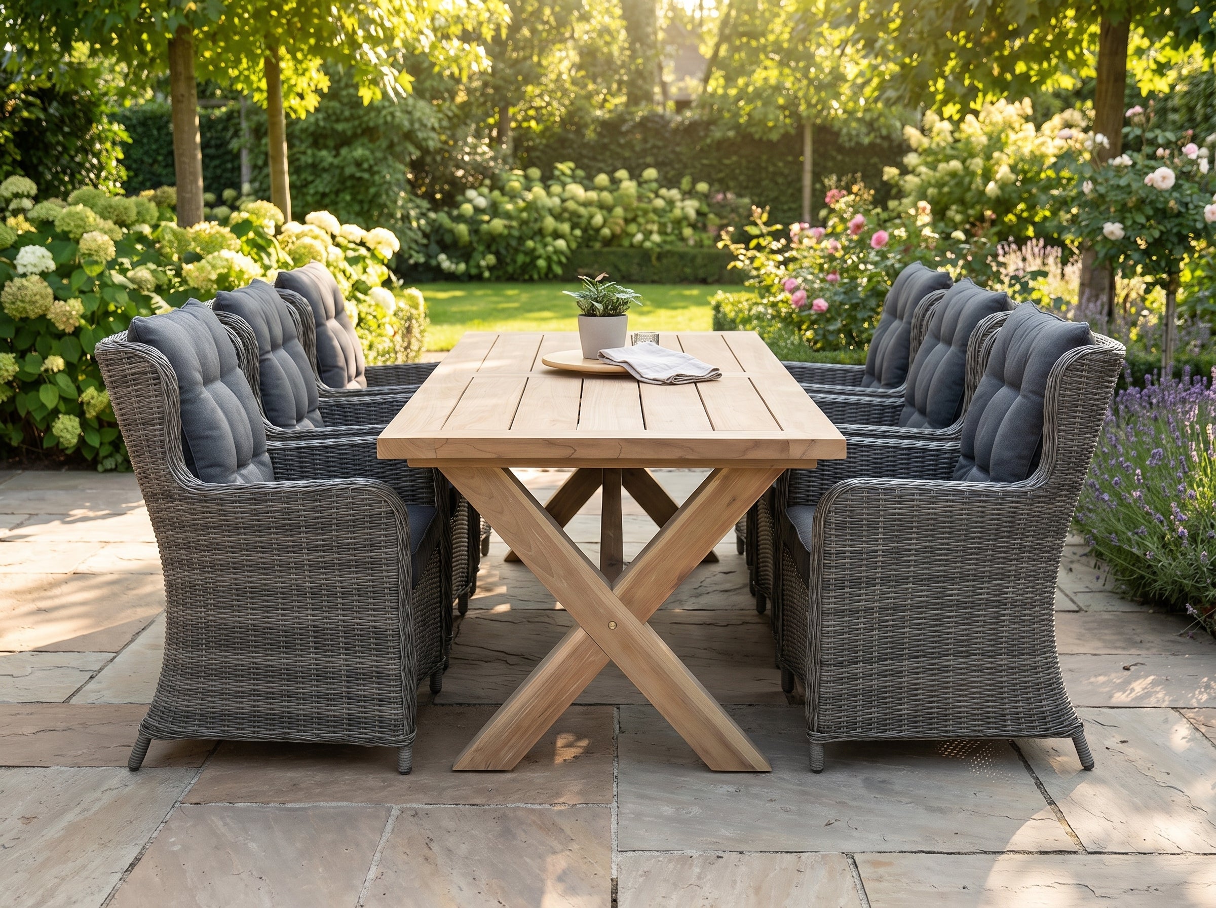 Norwich-Delano Tuinset 8 Personen - Teak / Kobo Grey in een sfeervolle tuin - Outnest tuinmeubelen