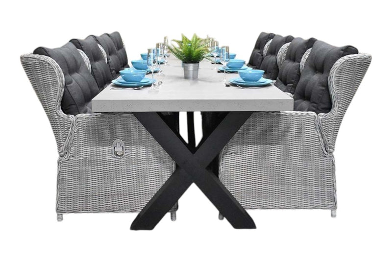 Norwich-Barcelona verstelbare Tuinset 8 Personen - Polystone, Gepoedercoat staal / Light Kobo Grey