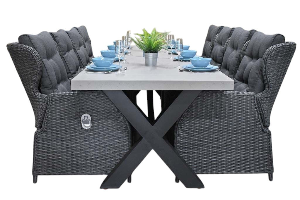 Norwich-Barcelona verstelbare Tuinset 8 Personen - Polystone, Gepoedercoat staal / Rock Grey