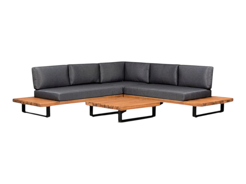 Oude Wesselink Tuinmeubelen Atlanta corner lounge set with acacia wood frame, black legs, and charcoal grey cushions.