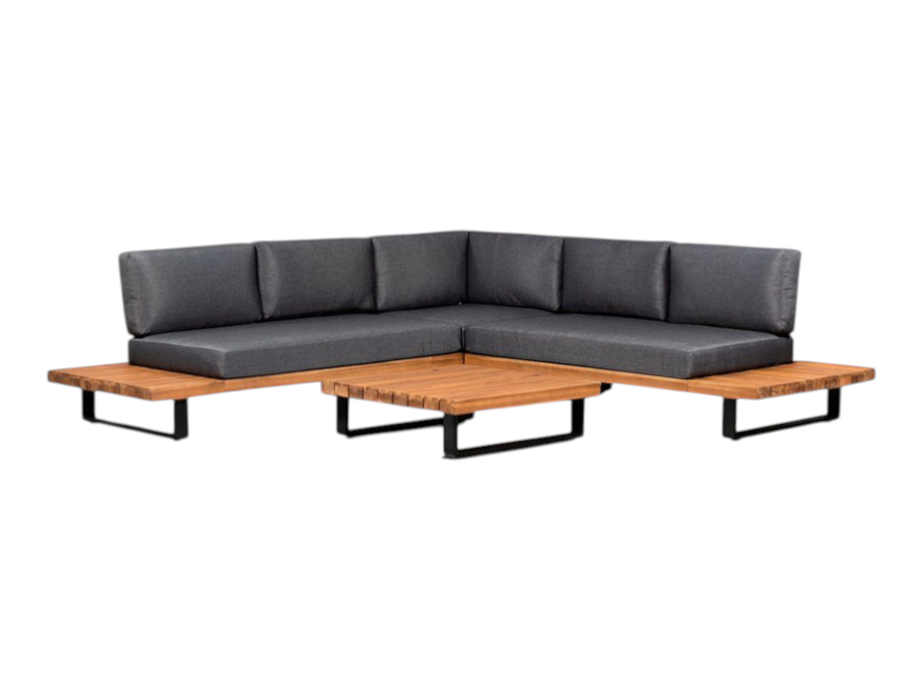Oude Wesselink Tuinmeubelen Atlanta corner lounge set with acacia wood frame, black legs, and charcoal grey cushions.