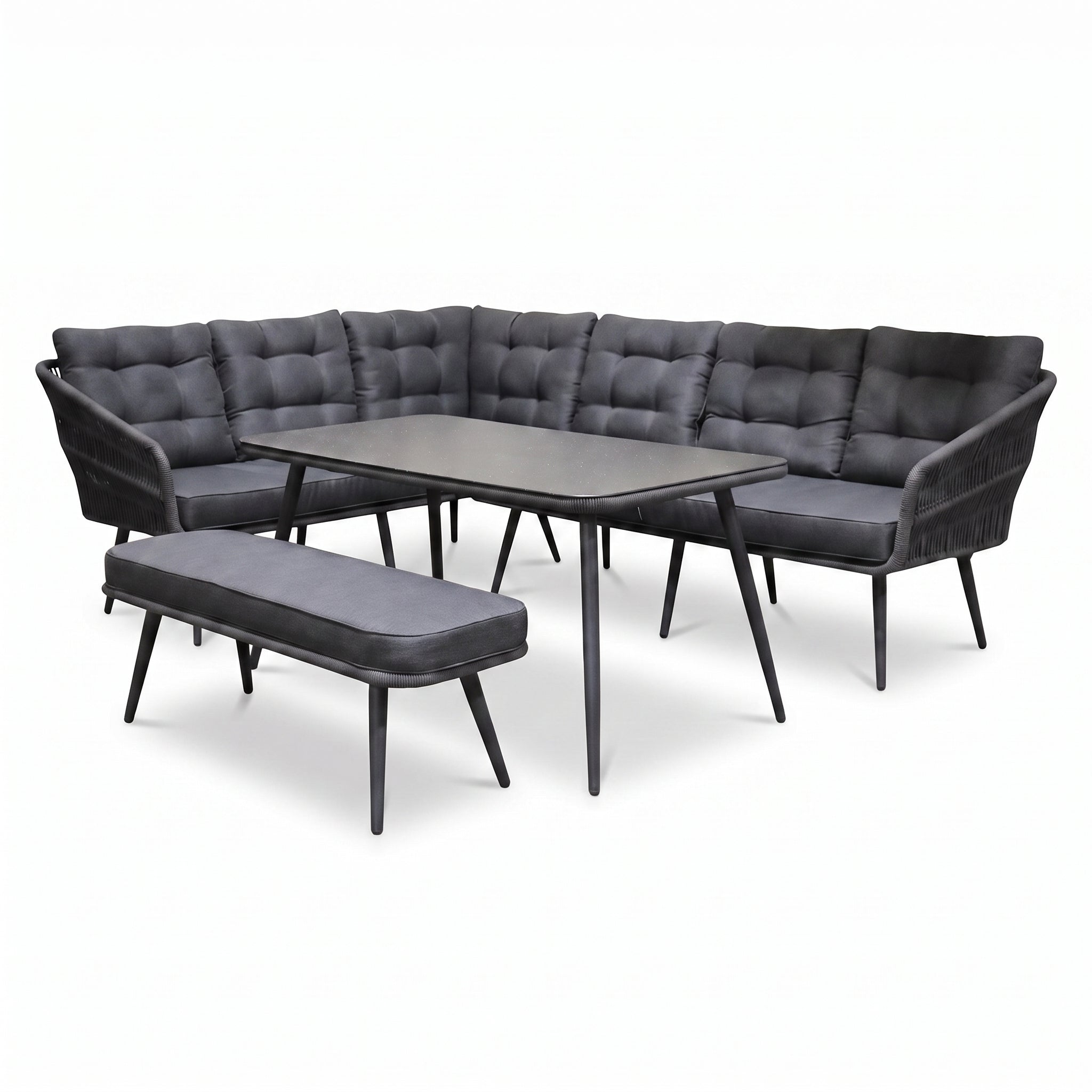 Positano Dining Loungeset - Anthracite (links) in een sfeervolle tuin - Outnest tuinmeubelen