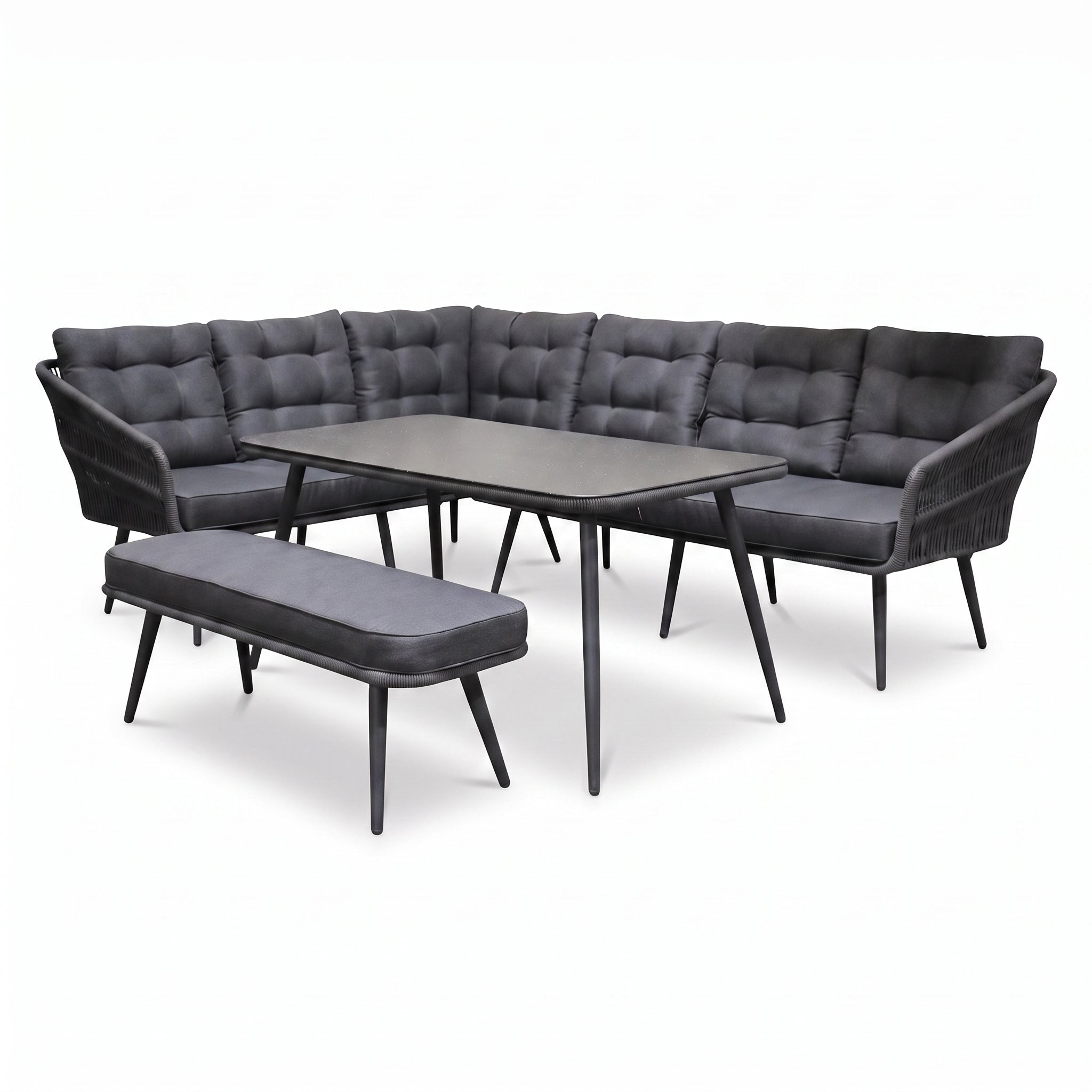 Positano Dining Loungeset - Anthracite (links) in een sfeervolle tuin - Outnest tuinmeubelen
