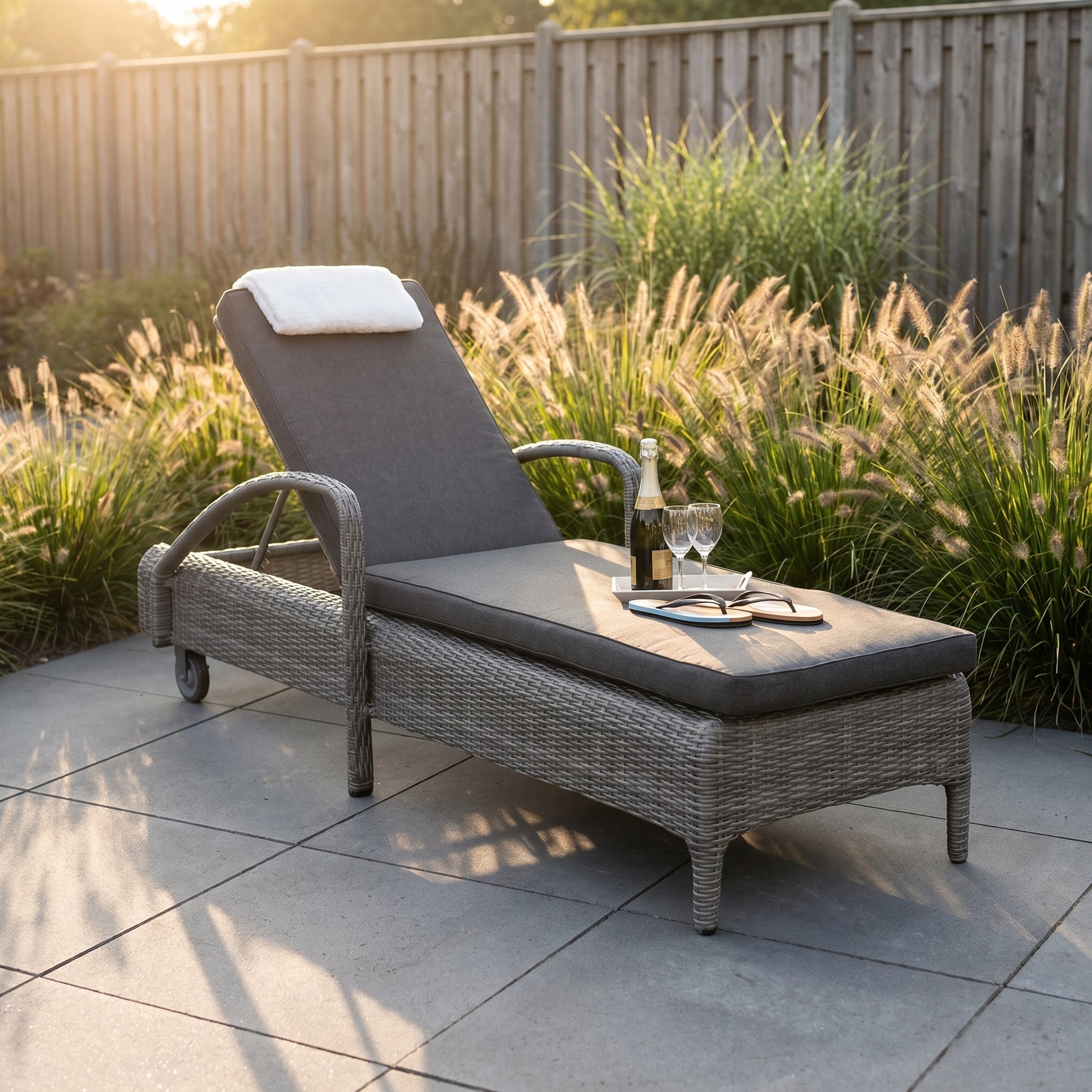 Rhodos Ligbed - Natural Grey in een moderne tuin met grijze tegels - Outnest tuinmeubelen