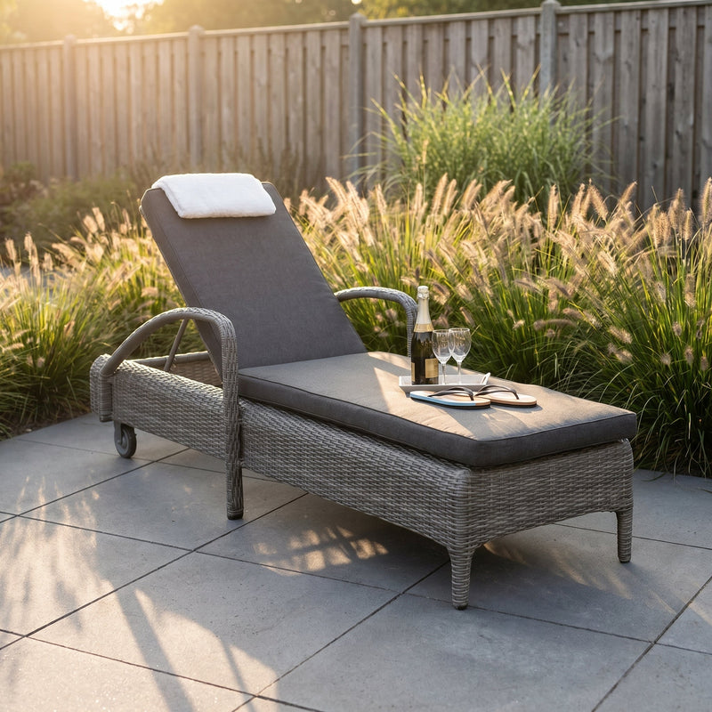 Rhodos Ligbed - Natural Grey in een moderne tuin met grijze tegels - Outnest tuinmeubelen