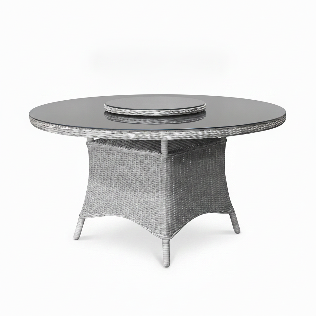 Rio Ronde Tuintafel 130 cm - Spraystone / Light Kobo Grey in een sfeervolle tuin - Outnest tuinmeubelen