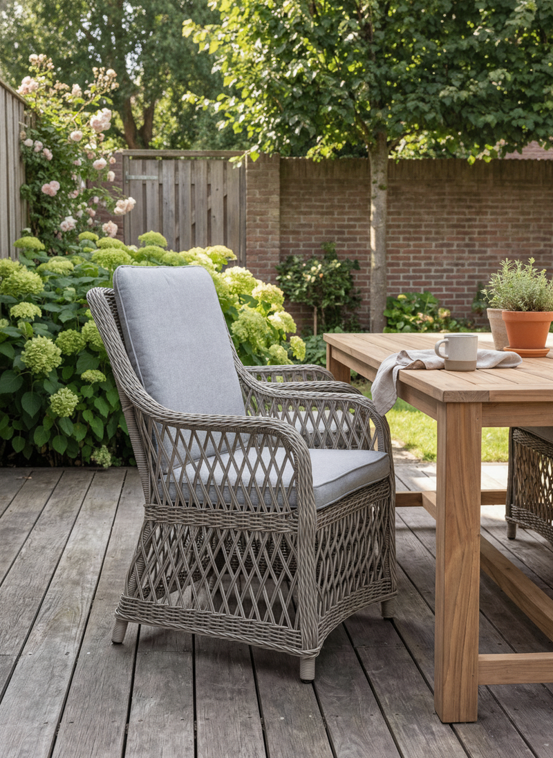 Toscane Tuinstoel | Dining - Faded Sand in een sfeervolle tuin - Outnest tuinmeubelen