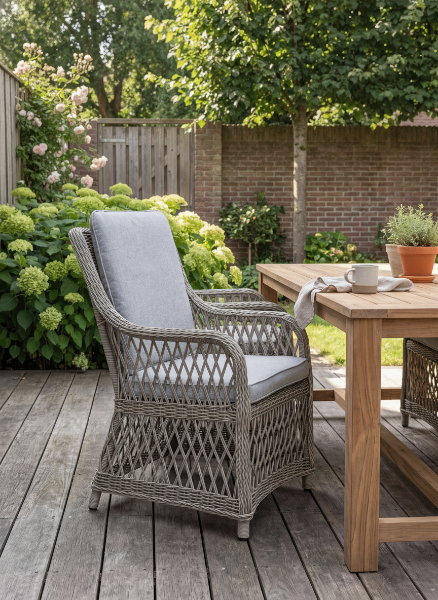 Toscane Tuinstoel | Dining - Faded Sand in een sfeervolle tuin - Outnest tuinmeubelen