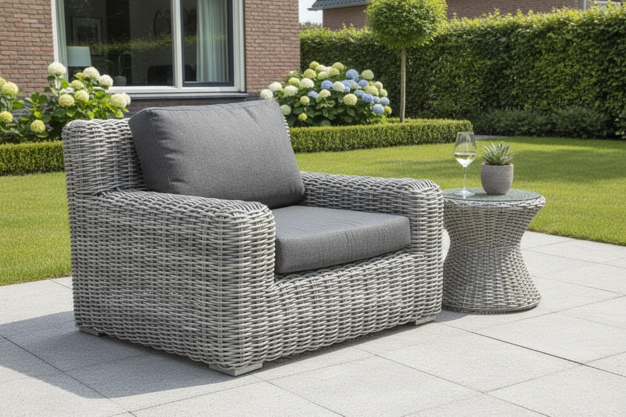 Vallemara Loungestoel - Faded Grey in een sfeervolle tuin - Outnest tuinmeubelen