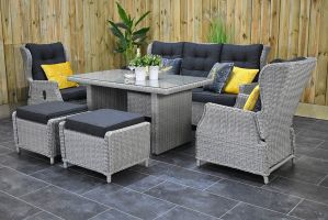 Barcelona Verstelbare Loungeset 3 Zitsbank 2 Lounge Tuinstoelen Hoge Tafel met Hockers Light Kobo Grey SHOWROOMMODEL
