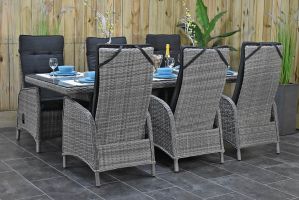 Menorca Tafel 225 met 6 Kansas Verstelbare Dining Tuinstoelen Natural Grey SHOWROOMMODEL