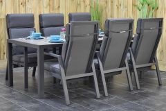 Bergamo Aluminium Tafel 215 met 6 Oxford Verstelbare Dining Tuinstoelen Dark Grey SHOWROOMMODEL