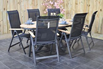 Akron Ovale Tafel Teak 220 met 6 Torino Verstelbare Dining Tuinstoelen met Teakhouten Armleuningen Dark Grey