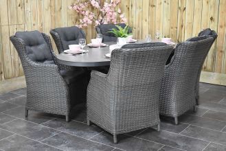 Akron Ovale Tafel 220 Keramischblad Dark Grey met 6 Darwin Dining Tuinstoelen Rock Grey SHOWROOMMODEL
