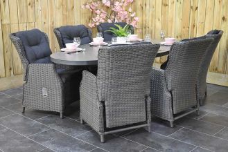Akron Ovale Tafel 220 Keramischblad Dark Grey met 6 Darwin Verstelbare Dining Tuinstoelen Rock Grey WINTERAANBIEDING