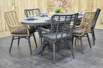 Akron Ovale Tafel 220 Keramischblad Dark Grey met 6 Alba Dining Tuinstoelen Bamboo en Rock Grey WINTERAANBIEDING