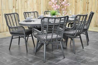 Akron Ovale Tafel 220 Keramischblad Dark Grey met 6 Alba Dining Tuinstoelen Rock Grey WINTERAANBIEDING