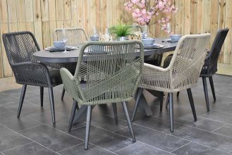 Akron Ovale Tafel 220 Keramischblad Dark Grey met 6 Villanova Rope Dining Tuinstoelen Anthracite, Faded Sand en Olive Green WINTERAANBIEDING