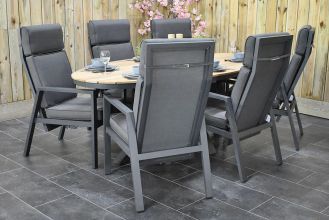 Akron Ovale Tafel 220 Teak met 6 Birmingham Verstelbare Dining Tuinstoelen Dark Grey WINTER AANBIEDING