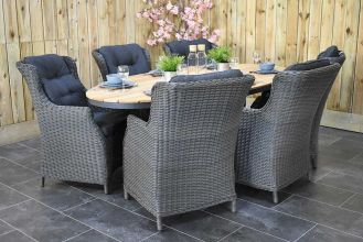 Akron Ovale Tafel 220 Teak met 6 Darwin Dining Tuinstoelen Rock Grey ZOMER AANBIEDING