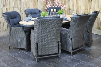 Akron Ovale Tafel Teak 180 met 6 Darwin Verstelbare Dining Tuinstoelen Rock Grey SHOWROOMMODEL