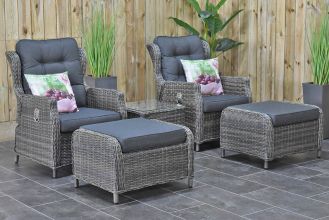 Alicante Verstelbare Loungeset 2 Lounge Tuinstoelen Laag Tafeltje met Hockers Kobo Grey SHOWROOMMODEL