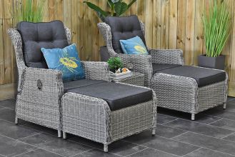 Alicante Verstelbare Loungeset 2 Lounge Tuinstoelen Laag Tafeltje met Hockers Light Kobo Grey SHOWROOMMODEL