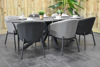 Asta Ovale Tafel 240 HPL Dark Grey met 6 Biscayne Dining Tuinstoelen Quick Dry Foam Anthracite en Beige WINTER AANBIEDING