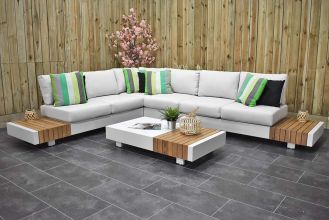 Athene Loungeset Hoekbank Lage Tafel Aluminium Teak Off White LENTE AANBIEDING
