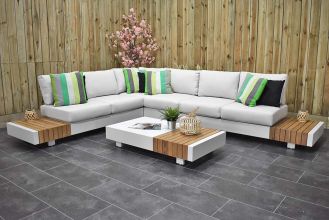 Athene Loungeset Hoekbank Lage Tafel Aluminium Teak Off White SHOWROOMMODEL