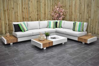 Athene Loungeset Hoekbank Lage Tafel Aluminium Teak Off White Spiegelbeeld SHOWROOMMODEL